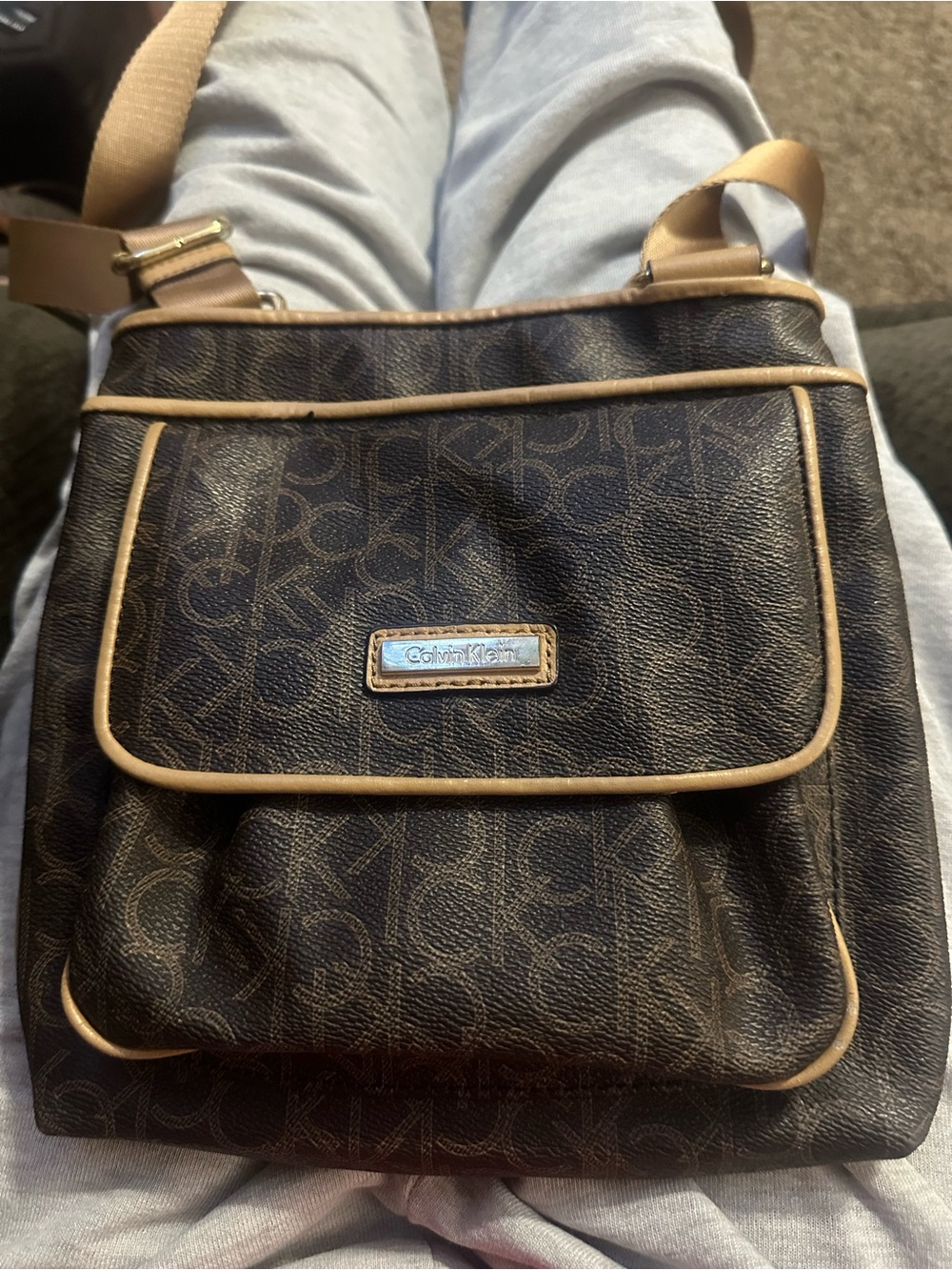 Calvin Klein Brown Monogram Messenger Bag with Tan Trim
